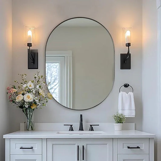 ANDY STAR 24x32'' Oval Mirror, Black Oval Mirror Pill-Shaped Design in Stainless Steel Metal Frame for Bathroom, Entryway, Living Room, Contemporary 1" Deep Wall Mount Vertical or Horizontal - ModernBath