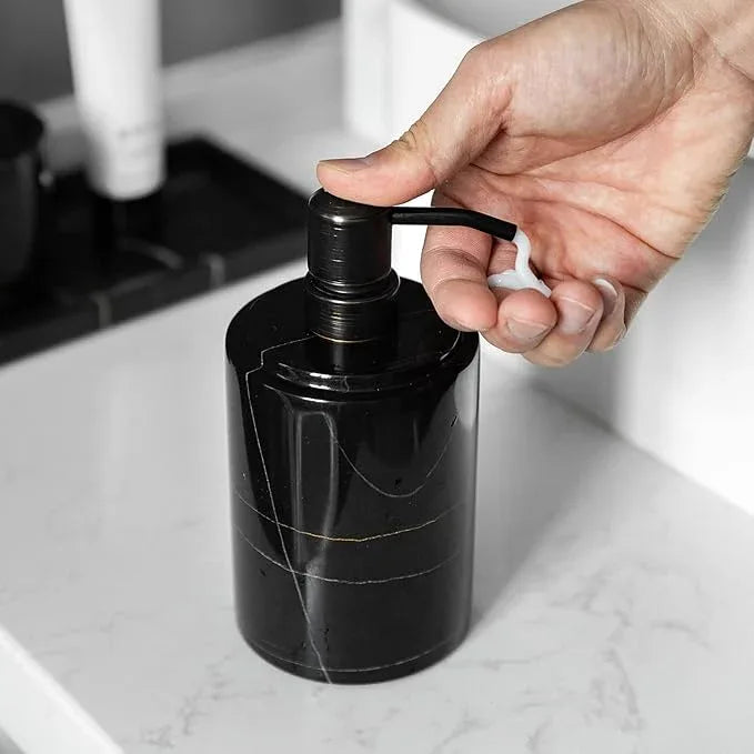 JIMEI Black Marble Soap Dispenser Hand or Dish for Bathroom & Kitchen - Decorative Natural Marble Stone Liquid Soap/Lotion Dispenser - Stainless Steel Soap Dispenser Easy-Glide Pump - Refillable - ModernBath