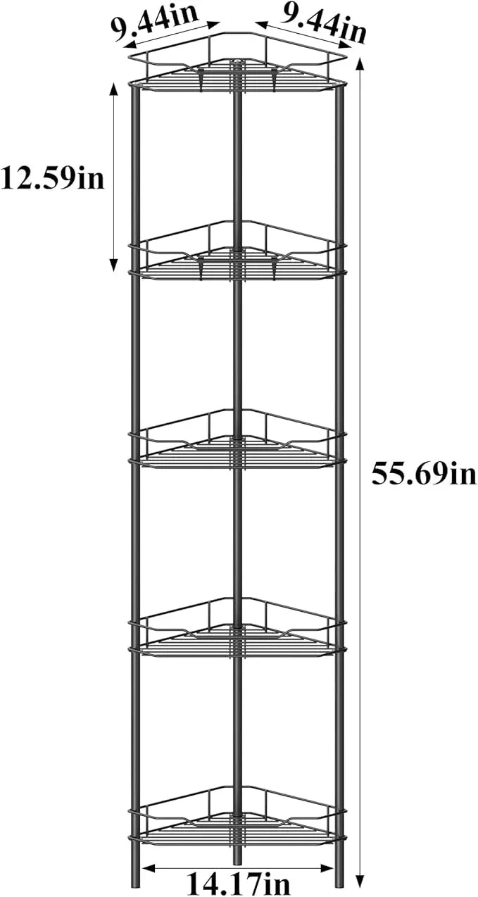 5 Tier Floor Standing Corner Shower Caddy Organizer Shelf with Hooks, Bathroom Shelves Stand Rack, Matt Black - ModernBath
