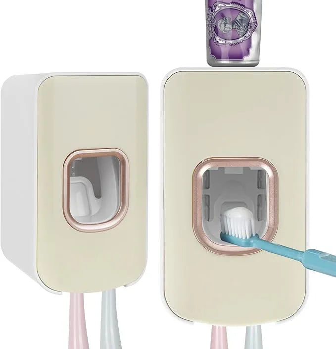 2 Slot Toothbrush Holder and Toothpaste Dispenser Wall Mounted, Automatic Toothpaste Squeezer, 2 in 1 Tooth Brush Toothpaste Organizer for Shower (Ivory Yellow 2Pack) - ModernBath