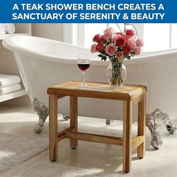 EcoDecors Eleganto 24 Inch Natural Color Waterproof Teak Wood Shower Bench Stool Seat Chair For Inside Shower Provides Safety, Storage, and Organization For Bathroom Accessories - ModernBath