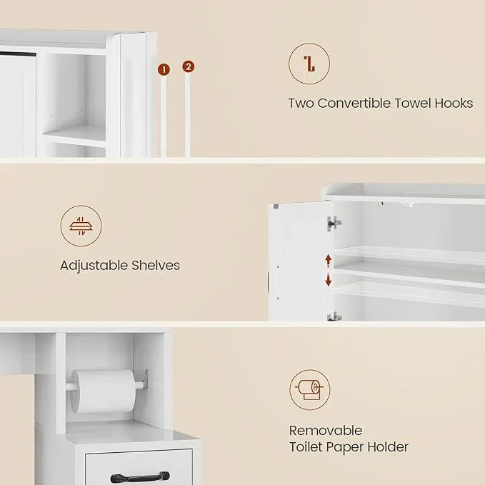 Over The Toilet Storage Cabinet with Pulley, Bathroom Cabinet, Space Saver W/Adjustable Shelf Rack for Bathroom, Restroom, Laundry (White-Type B) - ModernBath