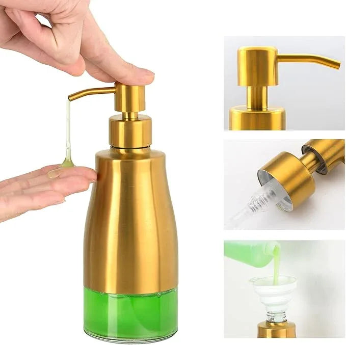 Gaussra Soap Dispenser with Coaster and Stickers, Brushed Gold Stainless Steel Glass Hand Pump Dispenser, Anti Rust Bottle, for Kitchen & Bathroom Detergent Bottle，Refillable Hand Liquid Dispenser - ModernBath