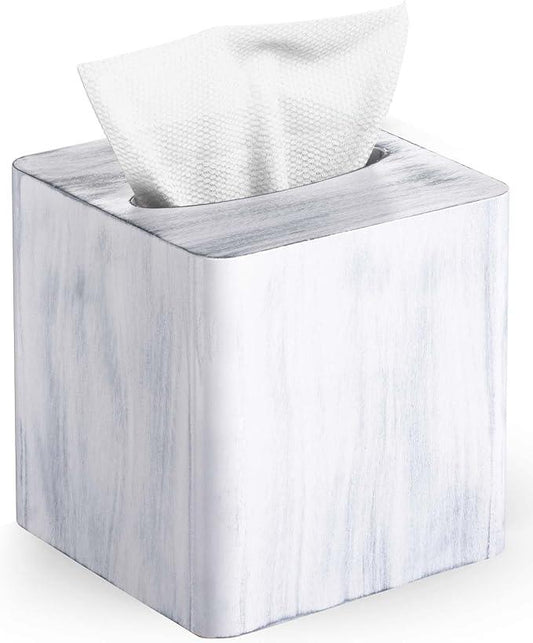 Livelab Tissue Box Cover Square - Oak Wood Tissue Box Holder for Living Room, Dinner Table, Bathroom, Office - Decorative Wooden Cube Facial Tissue Cover for Modern Farmhouse Home Decor | Whitewash - ModernBath