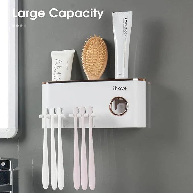 iHave Toothbrush Holders Bathroom Decor with Toothpaste Dispenser, 2 Cups Toothbrush Holder Wall Mounted Bathroom Accessories - ModernBath