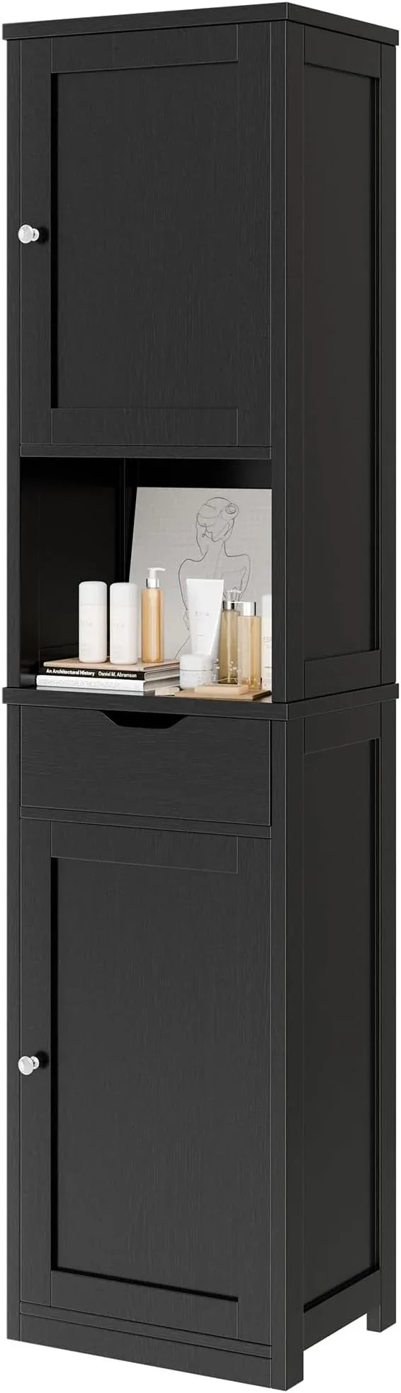 Vongrasig Tall Bathroom Storage Cabine, 64”H Freestanding Storage Pantry Cabinet, Narrow Cabinet with Adjustable Shelves, Open compartments for Small Spaces, Bathroom, Living Room, Kitchen, Black - ModernBath