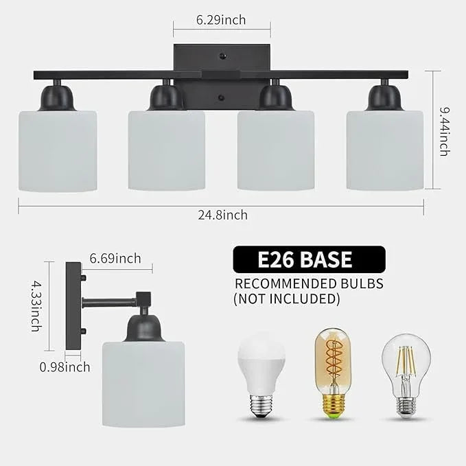 FAISHILAN 4-Light Black Bathroom Vanity Light, Light Fixtures with Milky White Frosted Glass Shades, Black Vanity Light for Bathroom Mirror, Bedroom, Living Room, Vanity Table, E26 Base - ModernBath