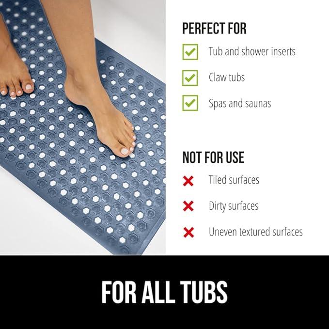 GORILLA GRIP Patented Bath Tub Shower Mat, Machine Washable Bathtub Floor Liner Mats, Suction Cups and Drain Holes to Keep Tubs Clean, Soft on Feet, Bathroom Essentials, 35x16 Inch, Clear Navy - ModernBath