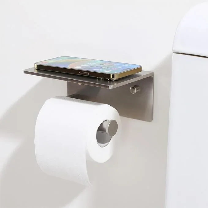 Toilet Paper Holder with Shelf - Toilet Tissue Holder with Cell Phone Shelf for Bathroom - Toilet Paper Roll Holder with Wipes Storage, Wall Mounted by Adhesive Tape or Screw - Brushed Nickel - ModernBath