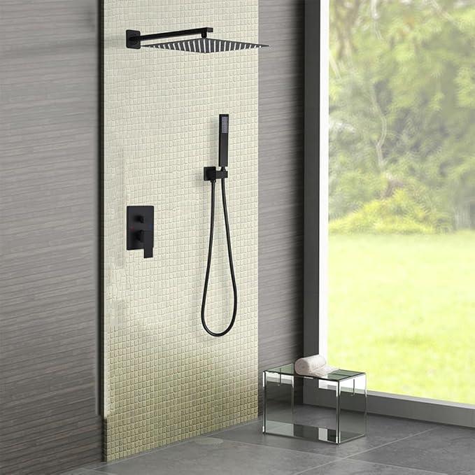 JingGang Matte Black Shower System 10 Inch Bathroom Luxury Rain Mixer Shower Combo Set Wall Mounted Rainfall Shower Head and Handheld System Shower Faucet Rough-in Valve Body and Trim Kit - ModernBath