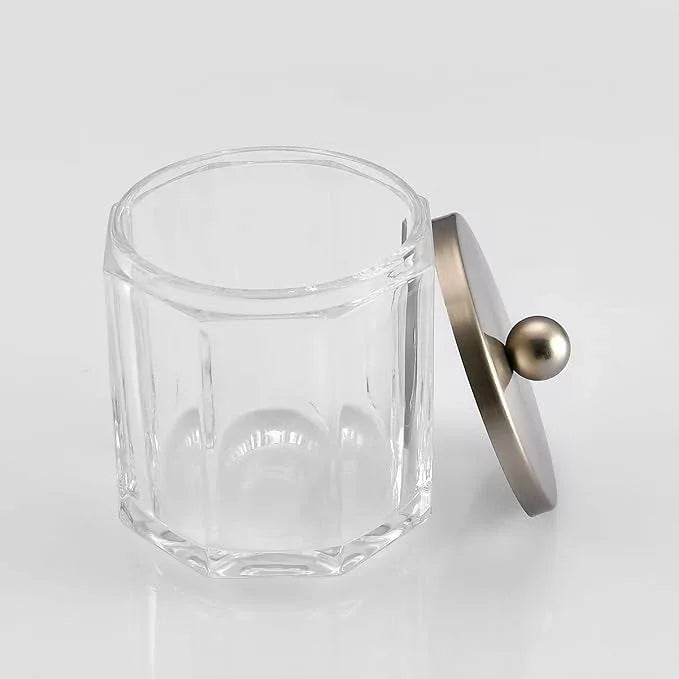 Indecor Home Clear Transparent Apothecary Octagional Shaped Glass Canister Jar With Satin Nickel Metal Lid Cover for Bathroom Organization, Cotton Balls, Q Tips, and Small Accessories, Bath Storage - ModernBath