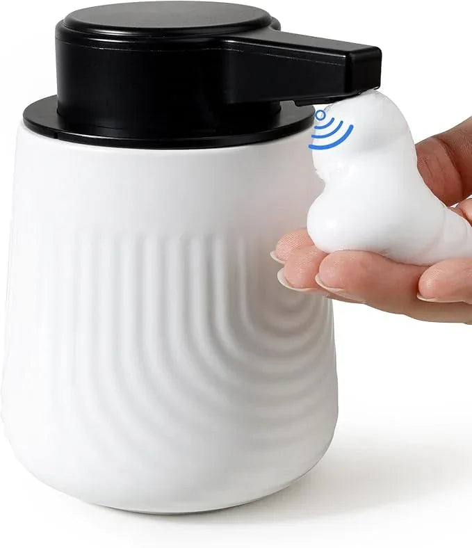 BosilunLife Ceramic Automatic Soap Dispenser with Extended Pump Nozzle, 3 Adjustable Levels, Touchless Foam Hand Wash Foaming Dispenser for Bathroom & Kitchen, Embossed Wave Design, White, 10oz - ModernBath
