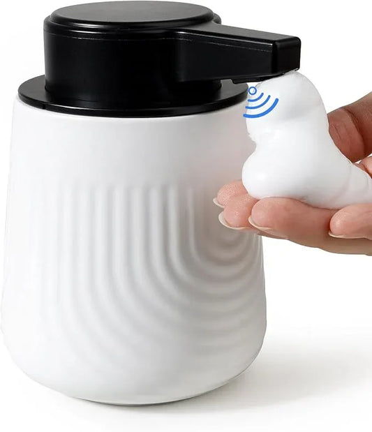 BosilunLife Ceramic Automatic Soap Dispenser with Extended Pump Nozzle, 3 Adjustable Levels, Touchless Foam Hand Wash Foaming Dispenser for Bathroom & Kitchen, Embossed Wave Design, White, 10oz - ModernBath
