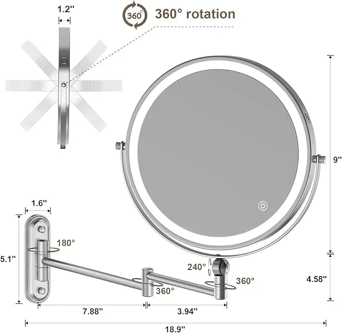 9" Wall Mounted Makeup Lighted Mirror, 4000mAh Rechargeable Double Sided LED Vanity Mirror with Height Adjustable&1X/10X Magnification, 3 Color Lights Touch Screen Dimmable 360°Swivel Bathroom Mirror - ModernBath