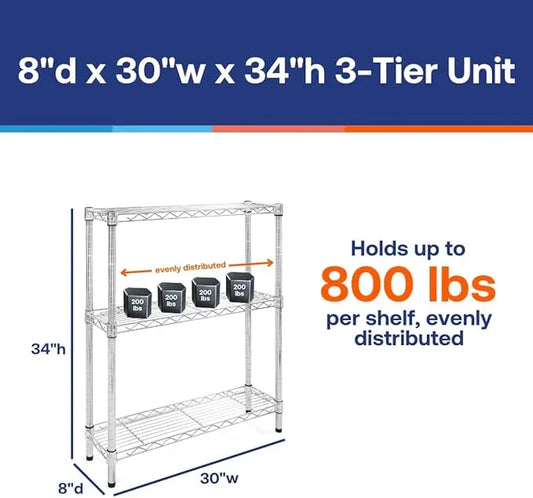 Shelving Inc. 8"d x 30"w x 34"h Chrome Wire Shelving with 3 Tier Shelves, Weight Capacity 800lbs, Evenly Distributed - ModernBath