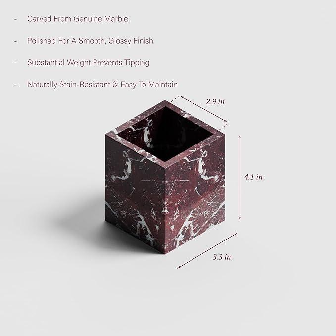 Marble Toothbrush Holder – 4.1" Genuine Stone Bathroom Cup for Makeup Brushes, Pens & Utensils | Natural Marble Organizer for Vanity, Countertop & Home Décor (Rosso Lepanto Red) - ModernBath