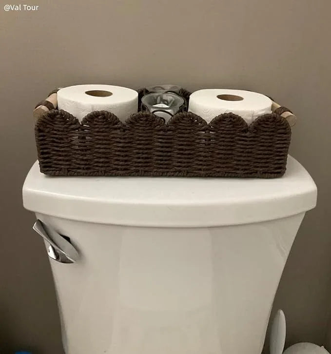 CubesLand Paper Rope Scalloped Edge Shelves Storage Basket, Woven Toilet Paper Baskets for Over Toilet Storage Shelf, Ending Table, Floating Shelves Organizing or Home Décor, with Wood Handle, Brown - ModernBath