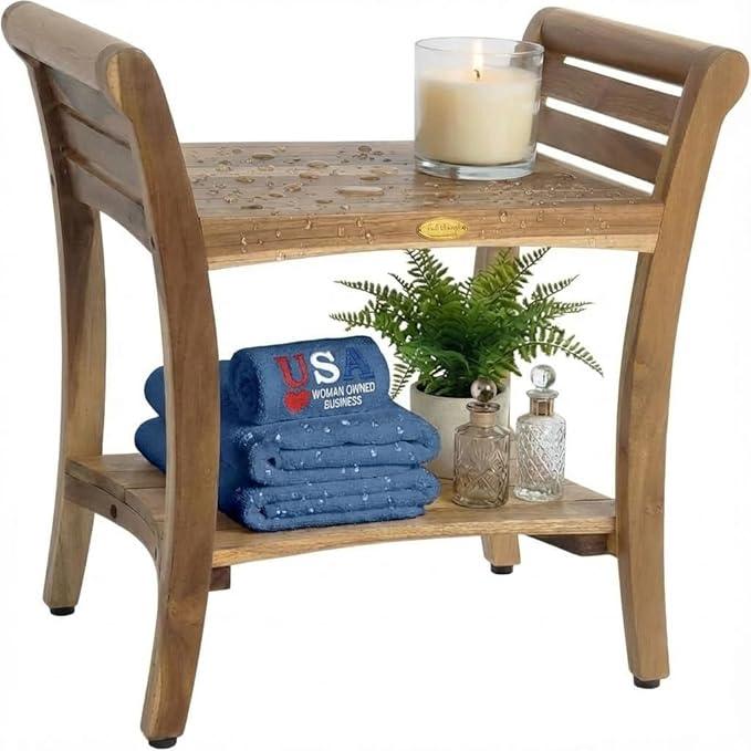 EcoDecors Symmetry 24 Inch Natural Color Waterproof Teak Wood Shower Bench Stool Seat Chair For Inside Shower Storage Shelf Provides Safety, Storage, and Organization For Bathroom Accessories - ModernBath