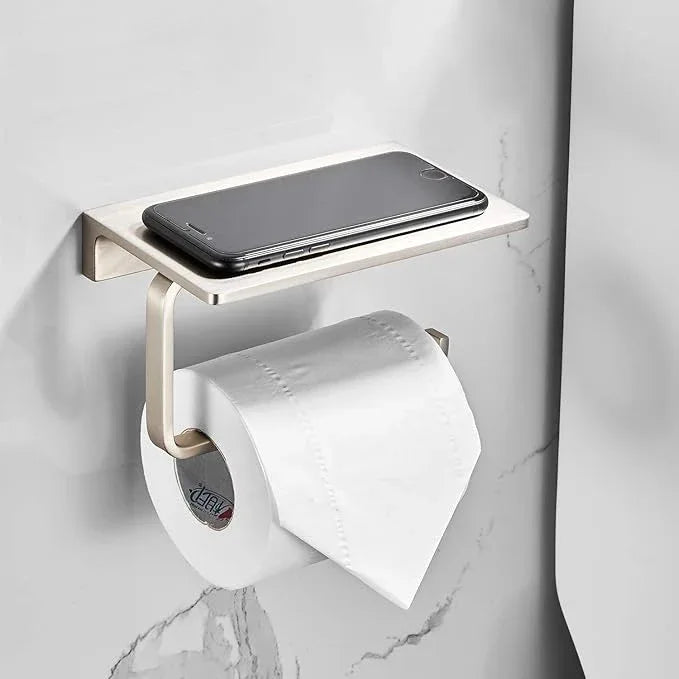 Toilet Roll Paper Holder Bathroom Solid Brass and Superior Hotel Style Wall Mount Tissue Roll Holder with Phone Shelf Brushed Nickel Finished - ModernBath