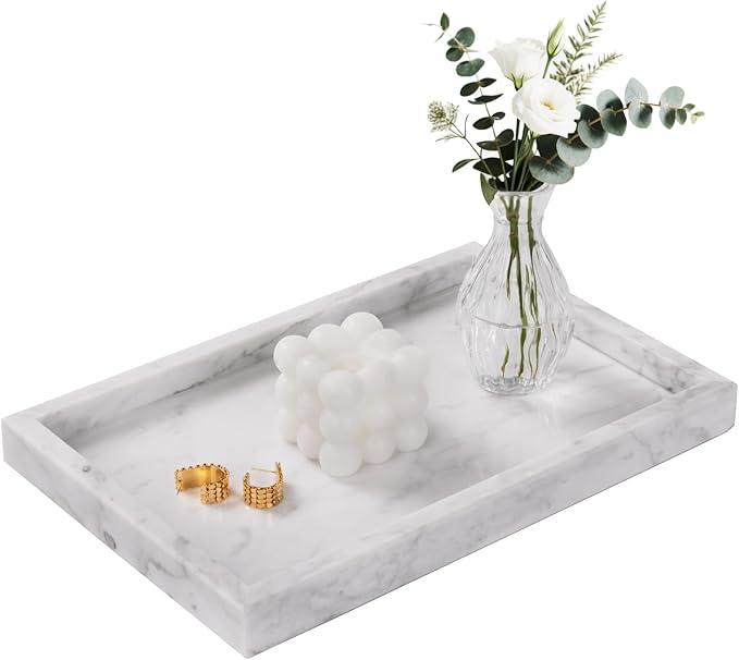 Homaura Marble Bathroom Tray for Countertop & Home Decor, Natural Decorative Marble Tray for Jewelry & Perfume Organizer, Luxury Stone Vanity Trays for Dresser, Kitchen Counter, 12" x 8", White - ModernBath