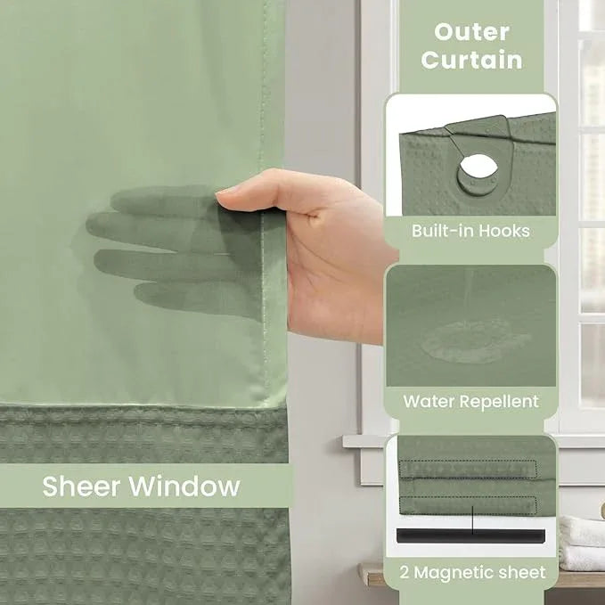Inhousolu Stall No Hook Shower Curtain with Snap in Fabric Liner Set Waffle Weave 230GSM Weighted Hem, Waterproof & Washable Bathroom Curtain Spa Luxury with Mesh Top Window 60" W x 72" L Sage Green - ModernBath