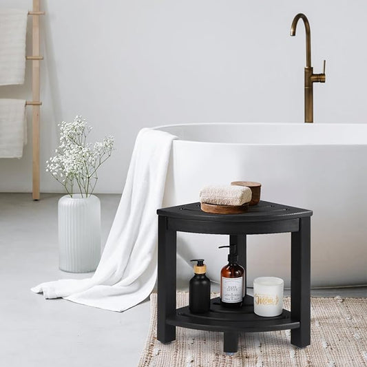 Apolimi HDPE Corner Shower Stool,Shower Bench Seat with Storage Shelf for Shaving Legs Plastic Spa Bath Step Foot Rest for Bathroom Small Place (Black)