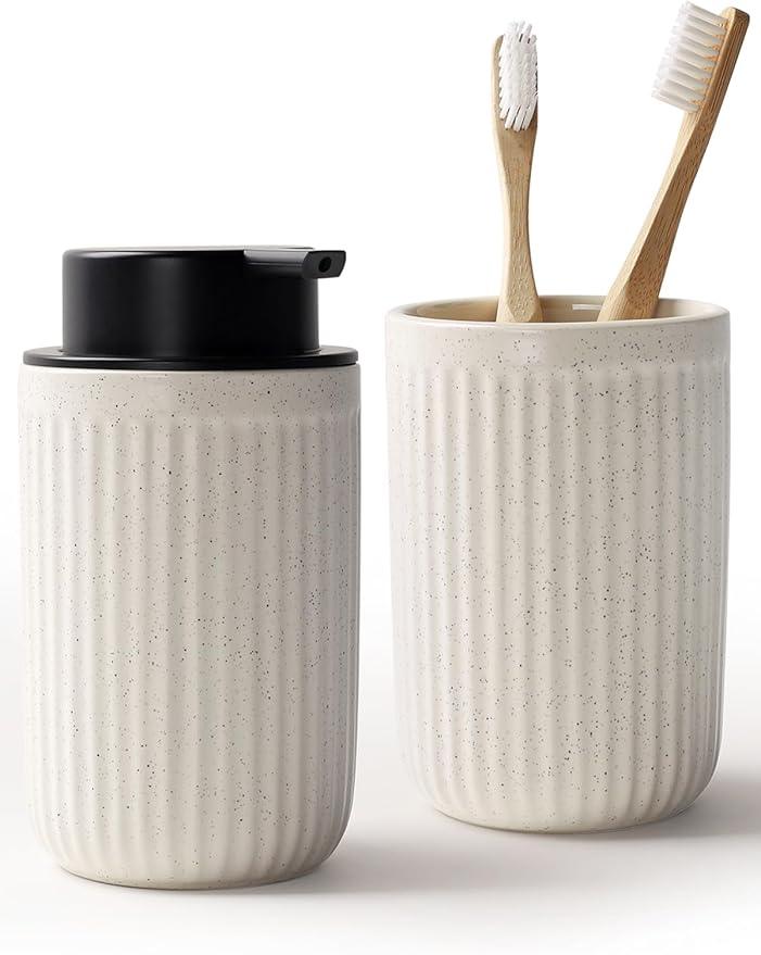 Bosilunlife Soap Dispenser and Toothbrush Holder Set - Dish Hand Soap Dispenser Bathroom Set Ceramic Bathroom Counter Soap Toothbrush Holder Set Beige Bathroom Accessories Set - ModernBath