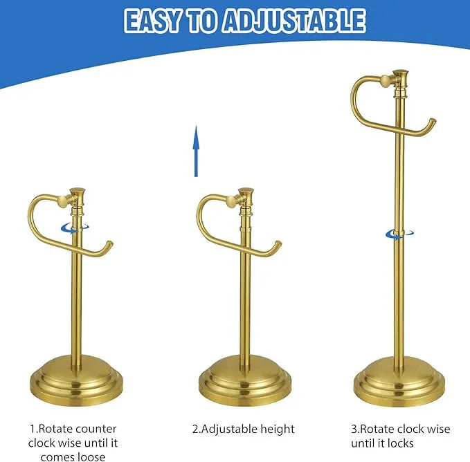 RUMOSE Toilet Paper Holder Stand for Floor, Brushed Gold Adjustable (12.4" to 22.8") Bathroom Toilet Tissue Holder, Free Standing Toilet Paper Roll Holder with Storage, Stainless Steel - ModernBath