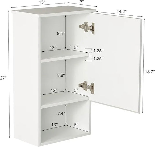 Bathroom Wall Cabinet with Single Door, Soft-Close Hinges, 15x27 inch Wooden Medicine Cabinet for Small Kitchen, Laundry, Entryway, Durable MDF Construction - ModernBath