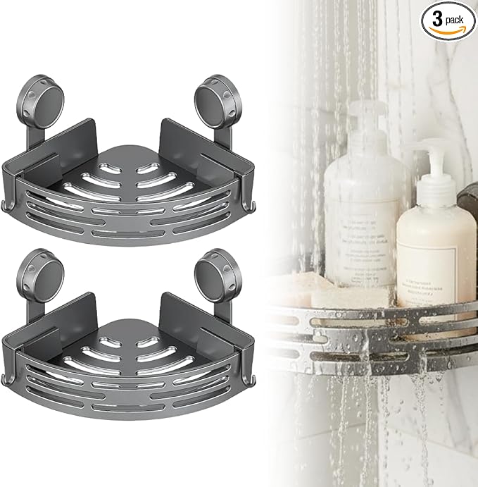 Triangle Suction Cup Corner Shelves No Drilling Bathroom Storage Rack, 2026 New Corner Shower Shelf Suction Cup Shower Caddy Corners Organizer Storage Rack Adhesive with Towel Bar (Gray double-layer)