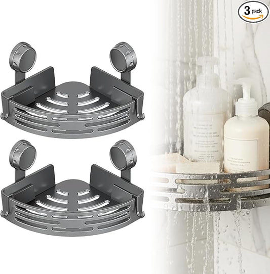 Triangle Suction Cup Corner Shelves No Drilling Bathroom Storage Rack, 2026 New Corner Shower Shelf Suction Cup Shower Caddy Corners Organizer Storage Rack Adhesive with Towel Bar (Gray double-layer)
