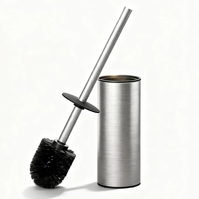 Toilet Brush and Holder Set, NEWRAIN Stainless Steel Toilet Brush with Long Brush Handle, Brushed Nickel Toilet Scrubber and Covered Holder, Round Design Sturdy and Space Saving, Covered Brush - ModernBath