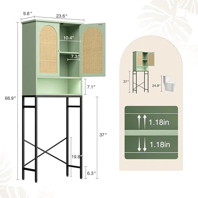Rattan Over The Toilet Storage Cabinet, Bathroom Organizers and Storage Over Toilet with Rattan Door and Metal Stand, Tall Storage Shelves Above Toilet, Wood Rack for Restroom, Laundry, Foam Green - ModernBath