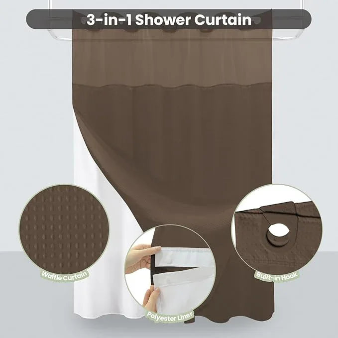 Inhousolu No Hook Shower Curtain with Snap in Fabric Liner Set Waffle Weave 230GSM Weighted Hem, Waterproof & Washable Bathroom Curtain Spa Luxury with Mesh Top Window 72" W x 72" L Brown - ModernBath