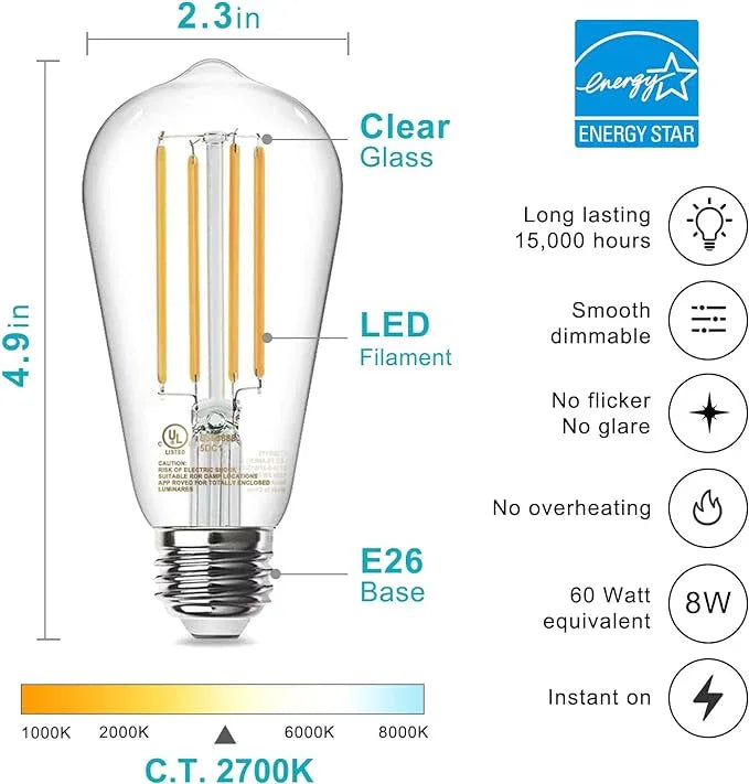 TJOY 10 Pack Vintage 8W ST58 LED Edison Light Bulbs, Dimmable, 60W Equivalent, 800Lumens, 2700K Warm White, E26 Base LED Filament Bulb, CRI80+, Antique Glass Style for Home, Bedroom, Office, Farmhouse - ModernBath