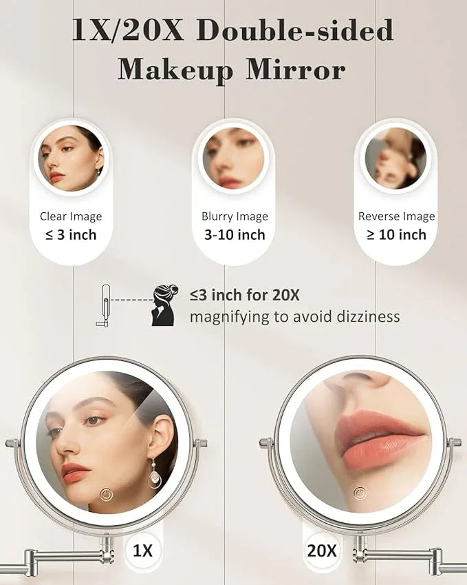 vpu 9" Wall Mounted Makeup Mirror with Light, 20X/1X Height Adjustable Double Sided Magnifying Bathroom Lighted Mirror, 3 Color Touch Dimmable Extended Arm 360 Rotation Light up Magnification Mirrors - ModernBath