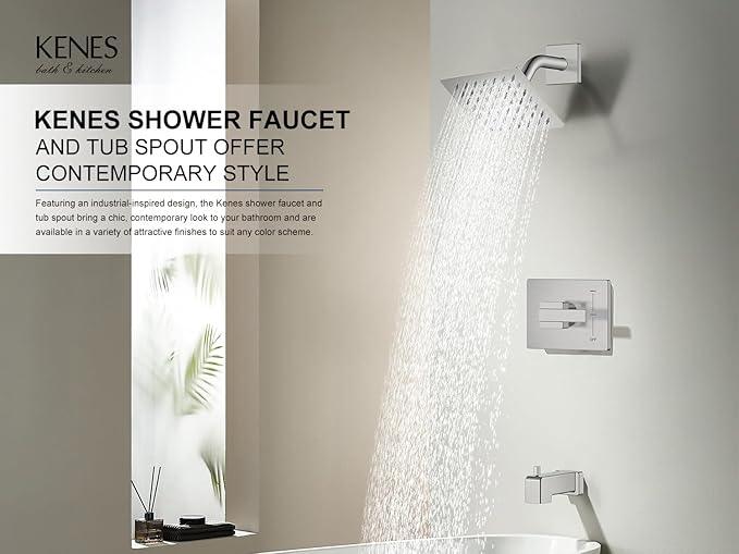 KENES Tub Shower Faucet Set Complete, Brushed Nickel Tub and Shower Trim Kit with 6-Inch Rain Shower Head, Square Shower System, KE-6025A (Shower Valve Included) - ModernBath