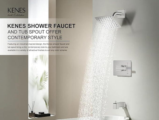 KENES Tub Shower Faucet Set Complete, Brushed Nickel Tub and Shower Trim Kit with 6-Inch Rain Shower Head, Square Shower System, KE-6025A (Shower Valve Included) - ModernBath