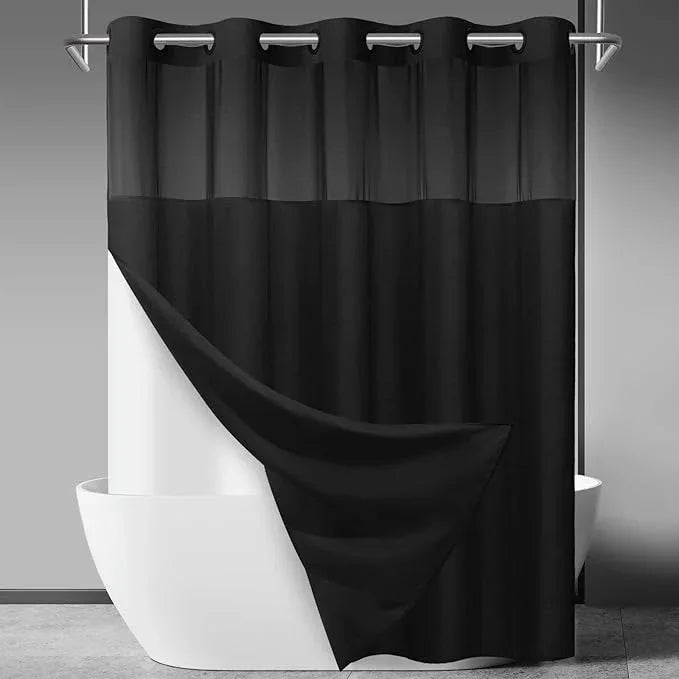 SORTTO No Hook Slub Textured Shower Curtain with Snap in Liner - Black Fabric Outer Curtain & Waterproof Inner Liner, Hotel Style with See Through Top Window, 71x80 in - ModernBath