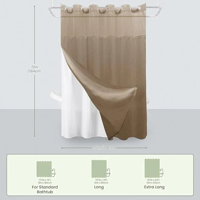 Inhousolu No Hook Shower Curtain with Snap in Fabric Liner Set Waffle Weave 230GSM Weighted Hem, Waterproof & Washable Bathroom Curtain Spa Luxury with Mesh Top Window 72" W x 72" L Beige - ModernBath