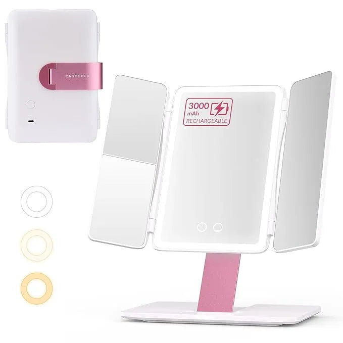 EASEHOLD Foldable Tri-Fold Lighted Makeup Vanity Mirror with 60 LED Lights, 1X/2X/3X Magnification, Touch Control Dimming, 3000mah Rechargeable, 360° Rotation, Portable Travel Folding Compact Mirror - ModernBath