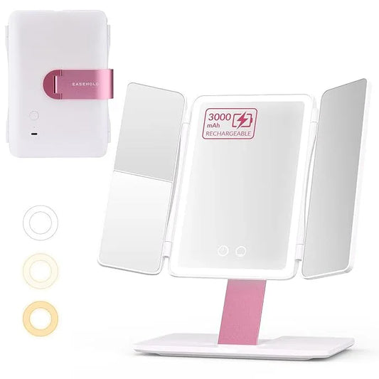 EASEHOLD Foldable Tri-Fold Lighted Makeup Vanity Mirror with 60 LED Lights, 1X/2X/3X Magnification, Touch Control Dimming, 3000mah Rechargeable, 360° Rotation, Portable Travel Folding Compact Mirror - ModernBath