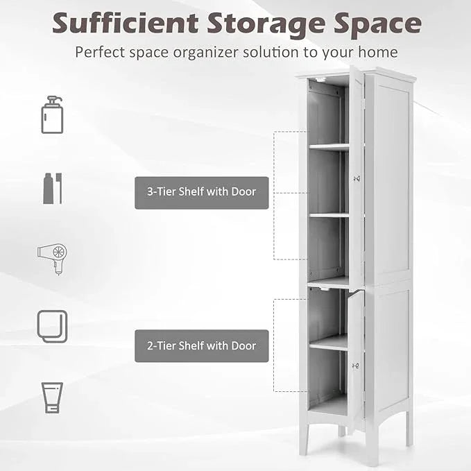 Giantex Storage Cabinet Bathroom High Cabinet with 5 Tier Storage Shelves, Freestanding Slim Cabinet, Tall Organizer for Kitchen, Living Room, Linen Tower Narrow Floor Cabinet (White) - ModernBath