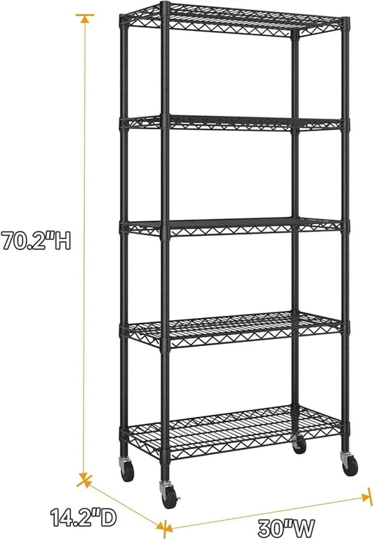 5 Tier Shelves Storage Shelf Wire Closet Bathroom Organizers Metal Pantry Kitchen Garage Shelving Unit Laundry Room Organization Home Rack Net Basket Black with Wheels 14”D X 30”W X 70”H - ModernBath