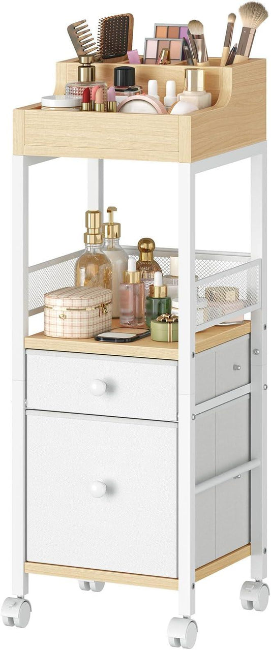 HOOBRO Makeup Organizer Cart, Floor Makeup Storage with Fabric Drawers, Mobile Vanity Organizer, Cosmetics Display Cases, for Skincare, Brush, Hair Tool, Perfume, White and Natural WN19TC04 - ModernBath