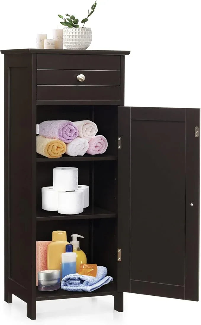 COSTWAY Bathroom Storage Cabinet, Single Door Floor Cabinet with Drawer and 3-Level Adjustable Shelves, Modern Side Storage Organizer with Anti-Tipping Device for Living Room, Bedroom (Brown) - ModernBath