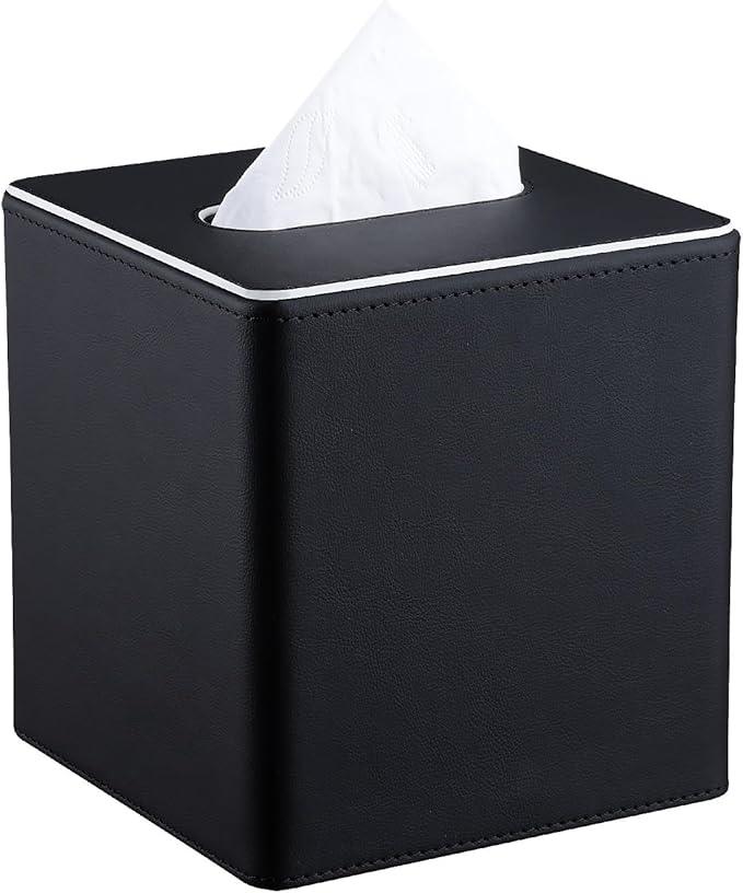 KINGFOM Leather Tissue Box Cover – Square Modern PU Leather Tissue Holder, Cube Tissue Dispenser for Home, Office, Bedroom, Bathroom – Elegant Minimalist Style (Black-Square) - ModernBath