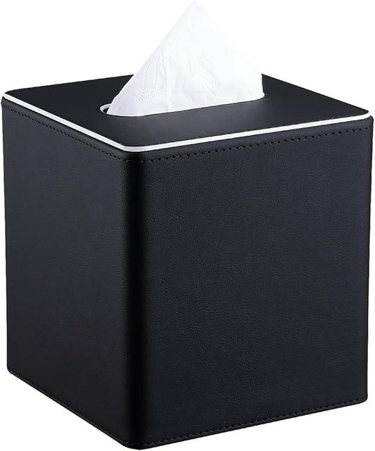 KINGFOM Leather Tissue Box Cover – Square Modern PU Leather Tissue Holder, Cube Tissue Dispenser for Home, Office, Bedroom, Bathroom – Elegant Minimalist Style (Black-Square) - ModernBath
