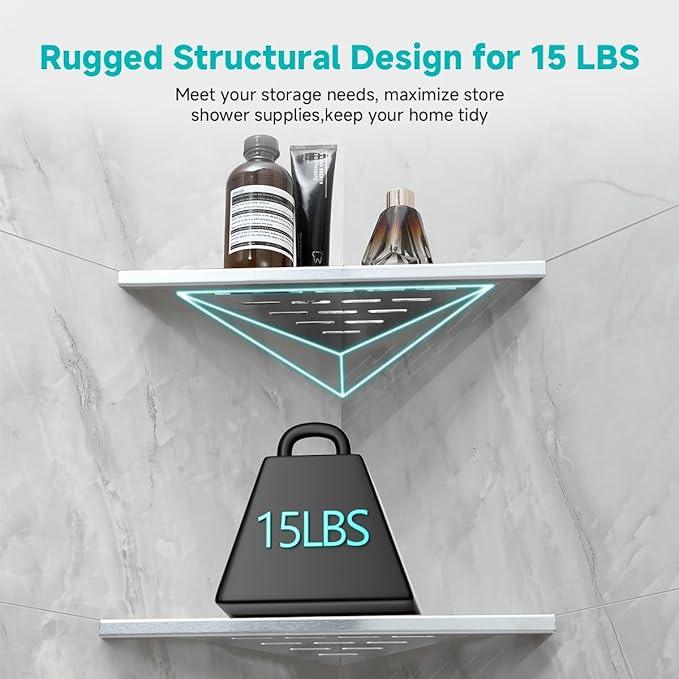 2-Pack 10" Wall Mounted Corner Shower Shelf - No Drilling Recessed Bathroom Shelves, Triangular Shower Caddy Organizer, Rustproof Stainless Steel Shower Shelves for Tiled Walls(Brushed) - ModernBath