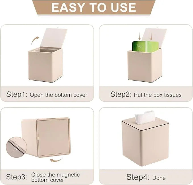 KINGFOM Leather Tissue Box Cover – Square Modern PU Leather Tissue Holder, Cube Tissue Dispenser for Home, Office, Bedroom, Bathroom – Elegant Minimalist Style (Beige-Square) - ModernBath
